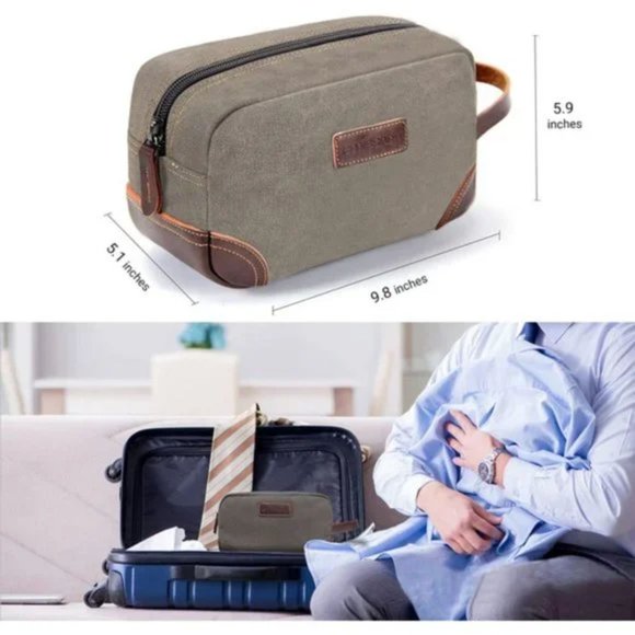 New MEN'S Toiletry Bag, Leather and Canvas Travel Toiletry Bag, Light Gray - Picture 3 of 7